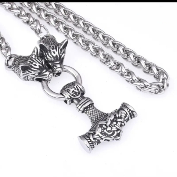 Wolf Head Mjolnir Thor Hammer Pendant Steel Necklace Viking Celtic Norse - Picture 2 of 5